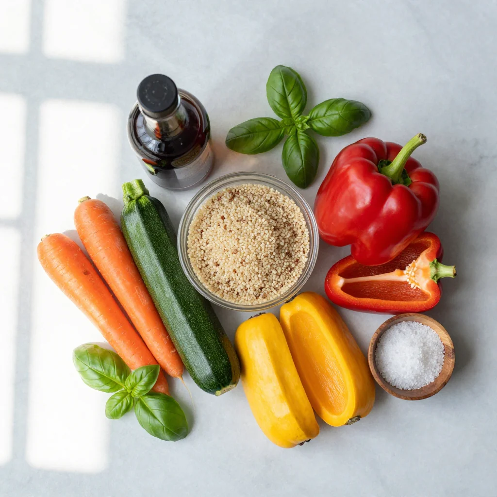 All ingredients laid out for Roasted Veggie Salad with Quinoa and Balsamic