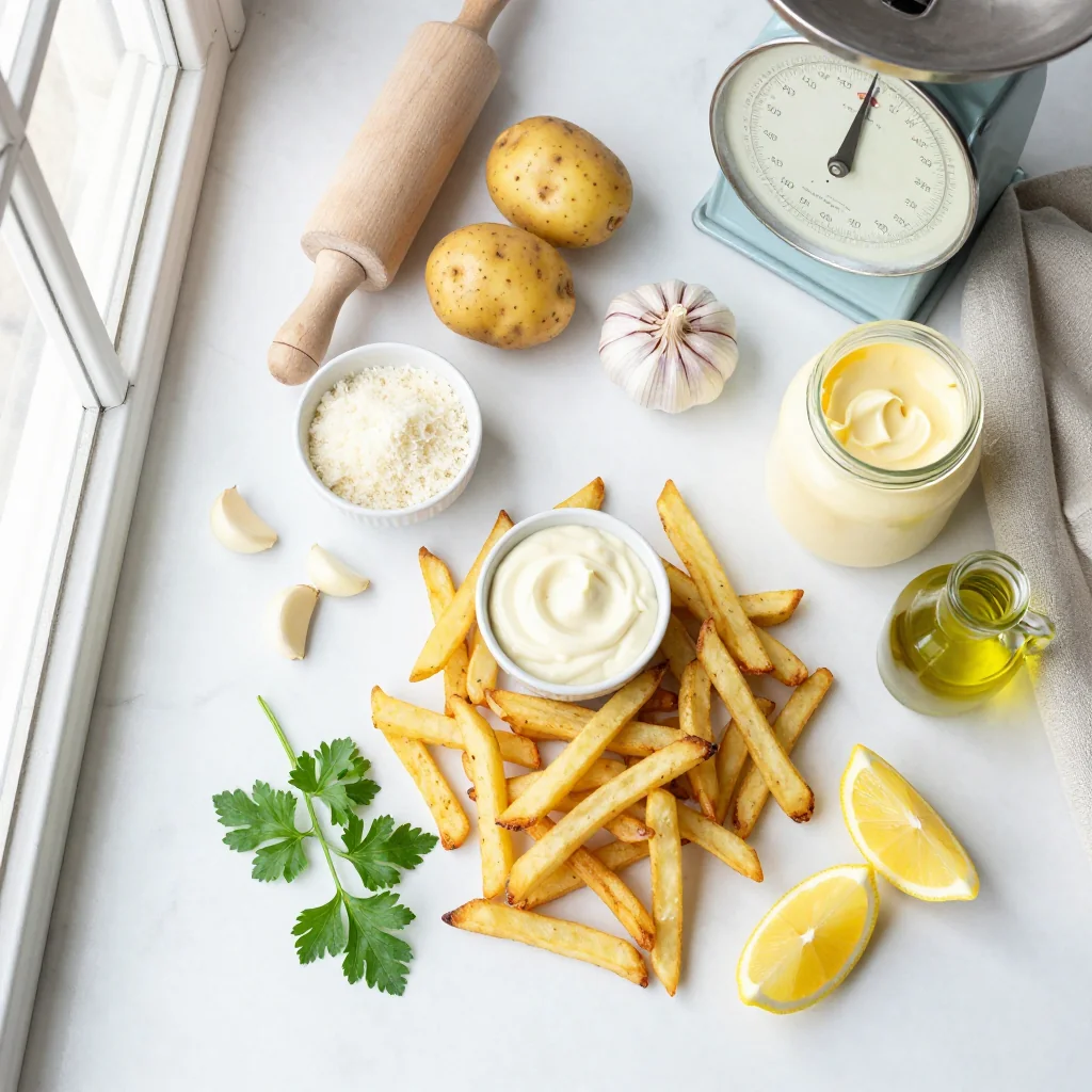 All ingredients for Garlic Parmesan Fries with Aioli Dip
