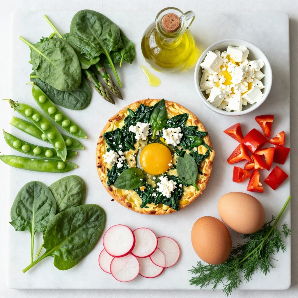 All ingredients for Spring Vegetable Frittata with Spinach and Feta