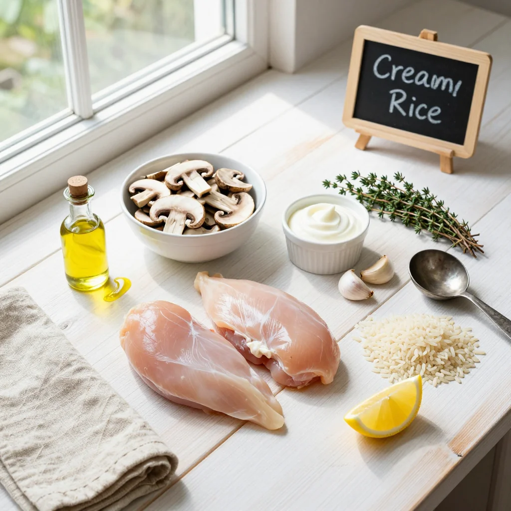 All ingredients for Creamy Mushroom Chicken with Rice