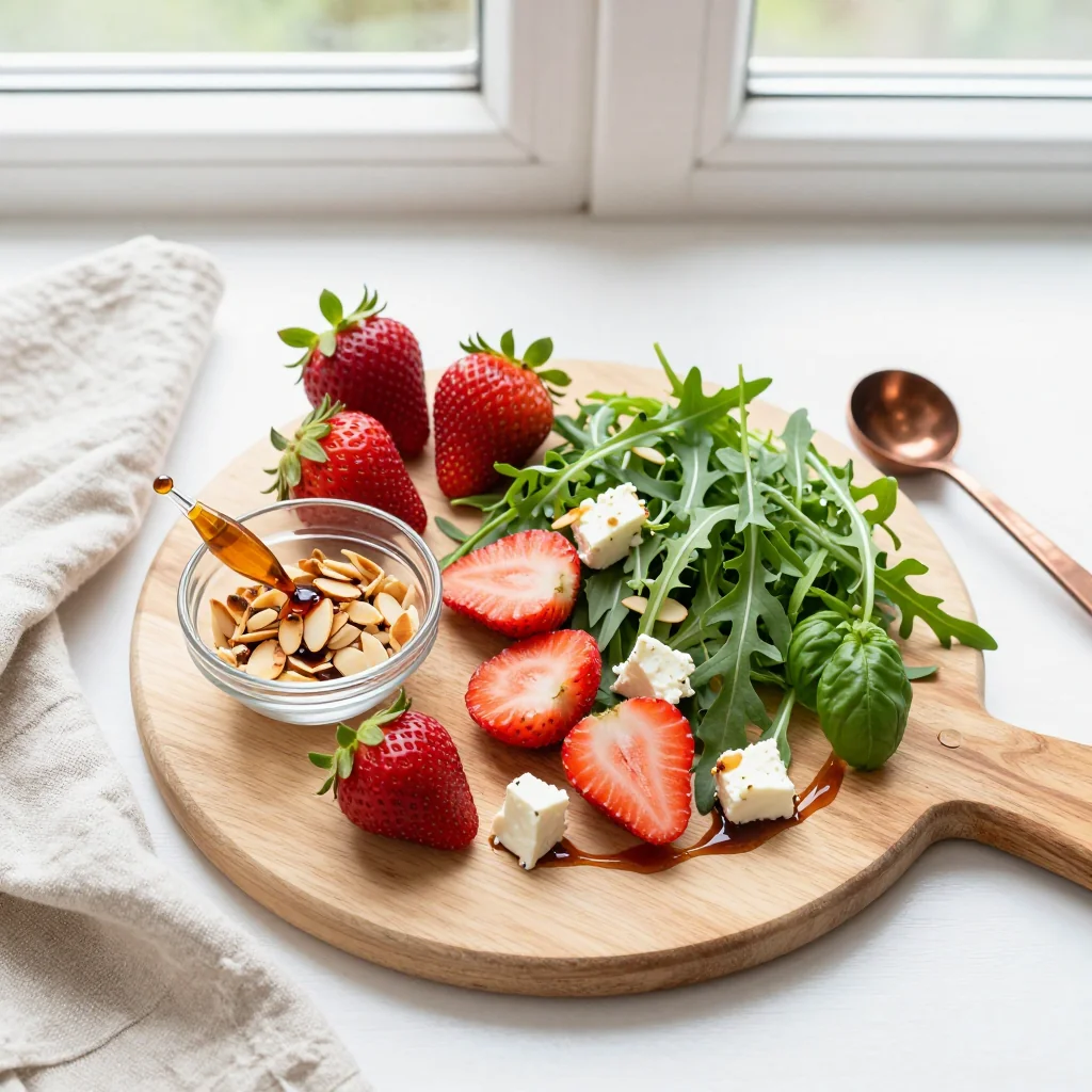 All ingredients laid out for Strawberry Salad with Balsamic Glaze