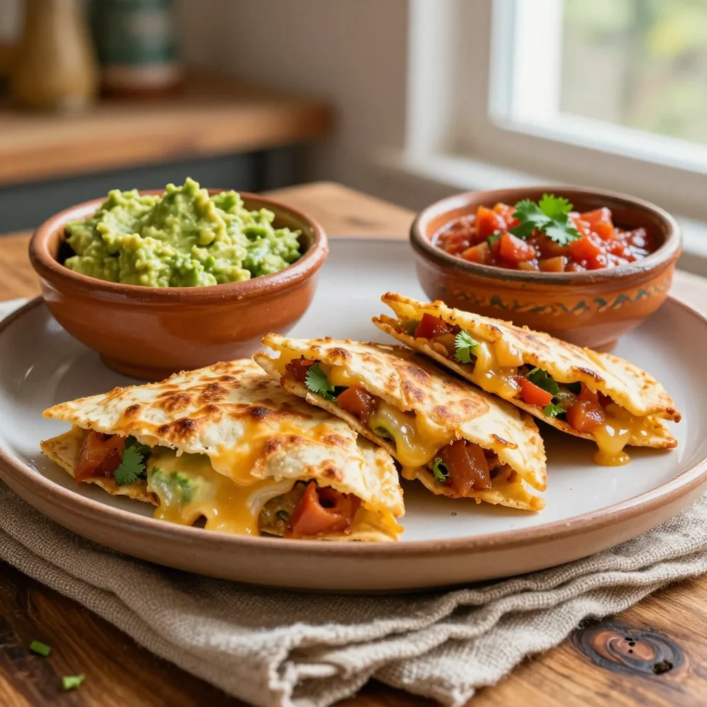 Cheesy Quesadillas with Guacamole and Salsa