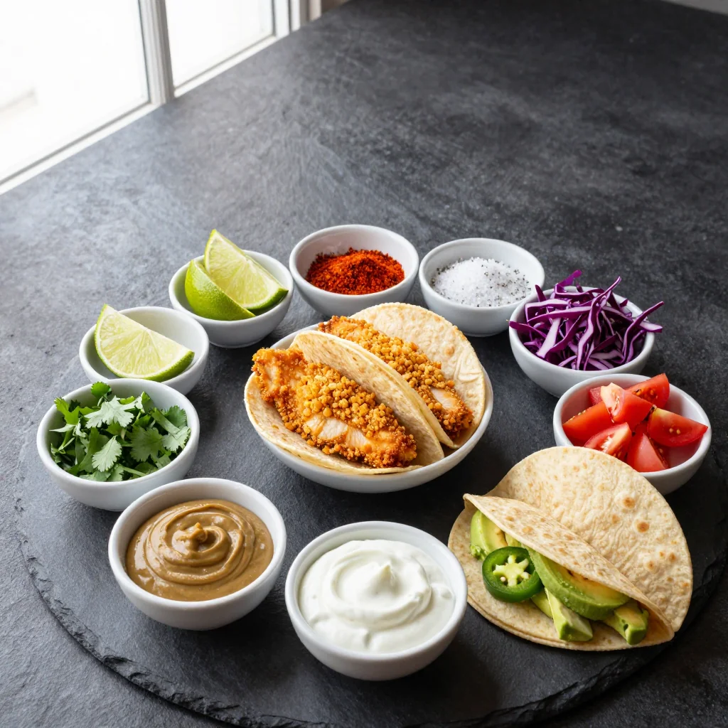 Crispy baked fish tacos ingredients arranged on a wooden board