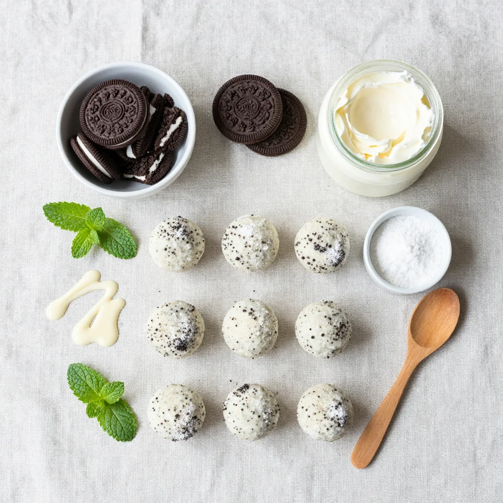 All ingredients for Mint Oreo Cheesecake Truffles No Bake