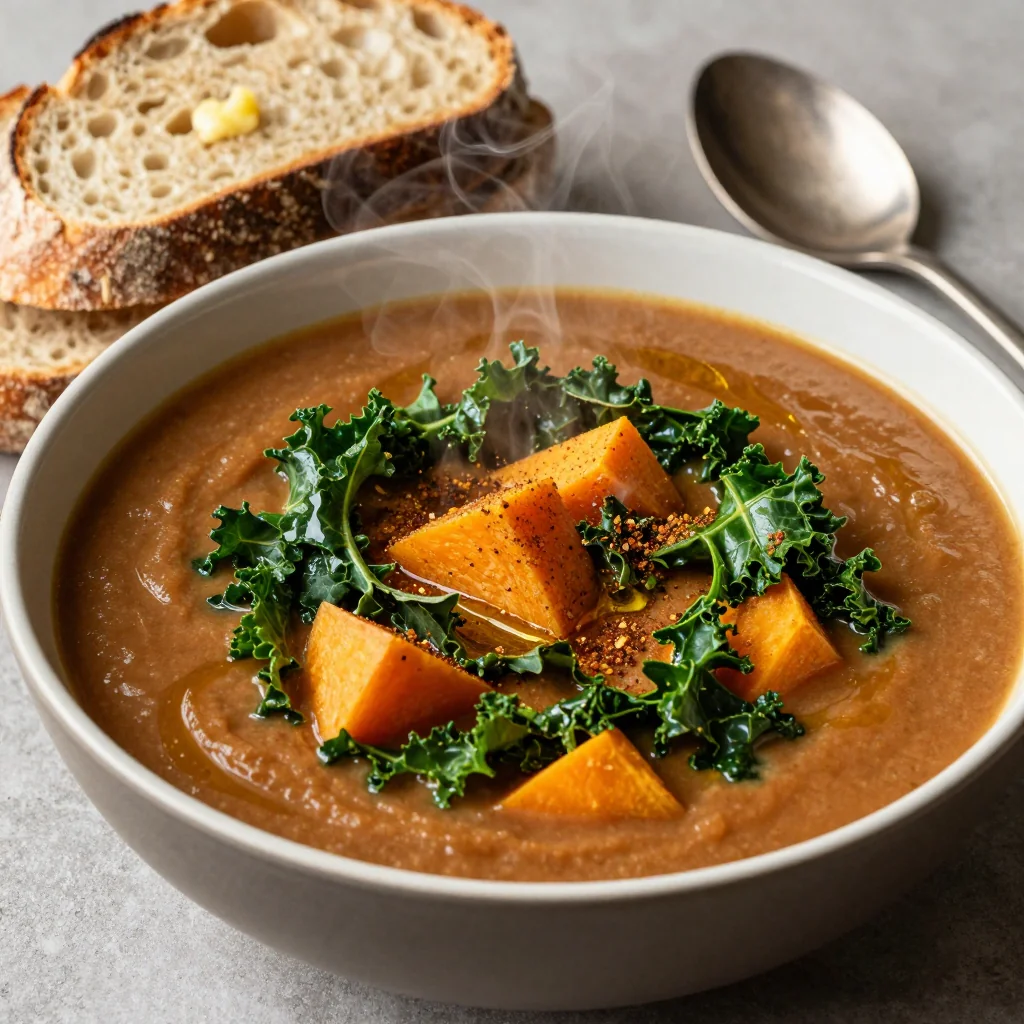 warm sweet potato and kale soup with garlic and spices for family meals