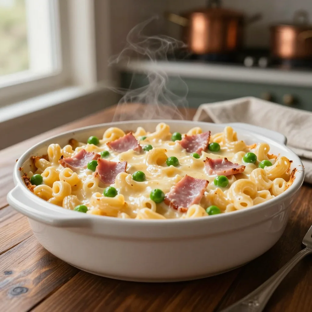 Creamy Macaroni and Cheese with Ham and Peas