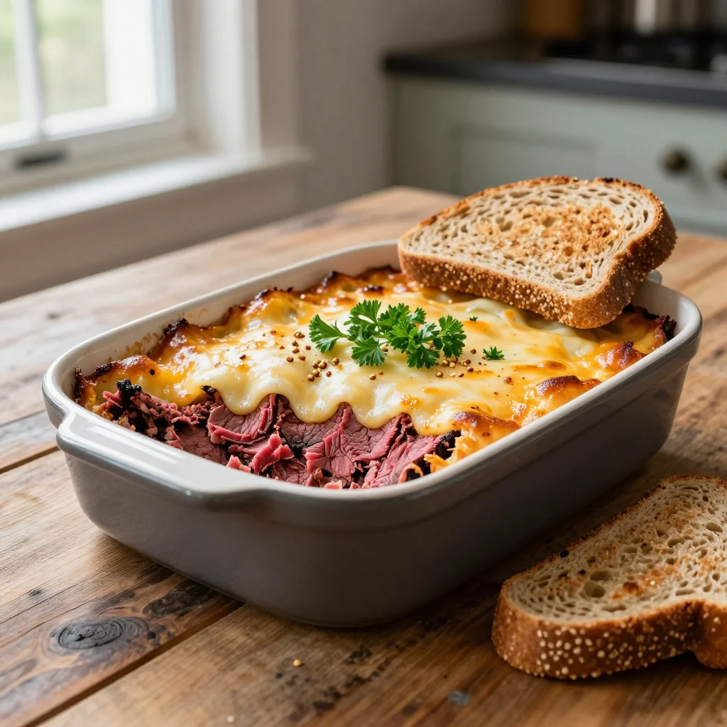 Reuben Casserole with Rye Bread and Swiss Cheese