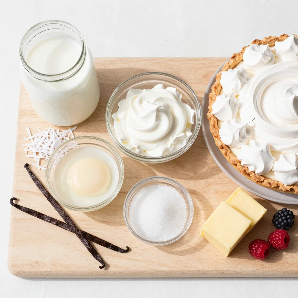 All ingredients laid out for Coconut Cream Pie with Meringue