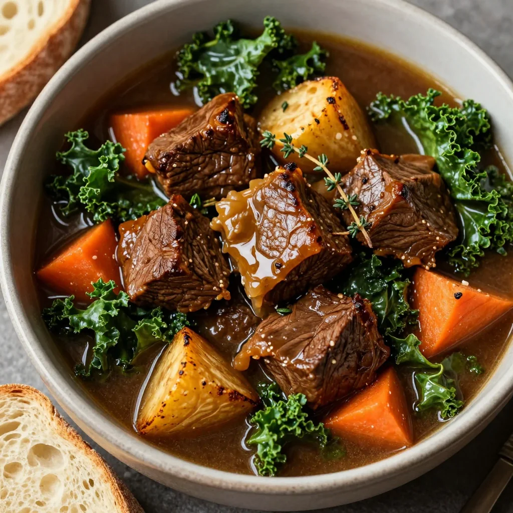 slow cooker beef and kale stew with parsnips and carrots for comfort