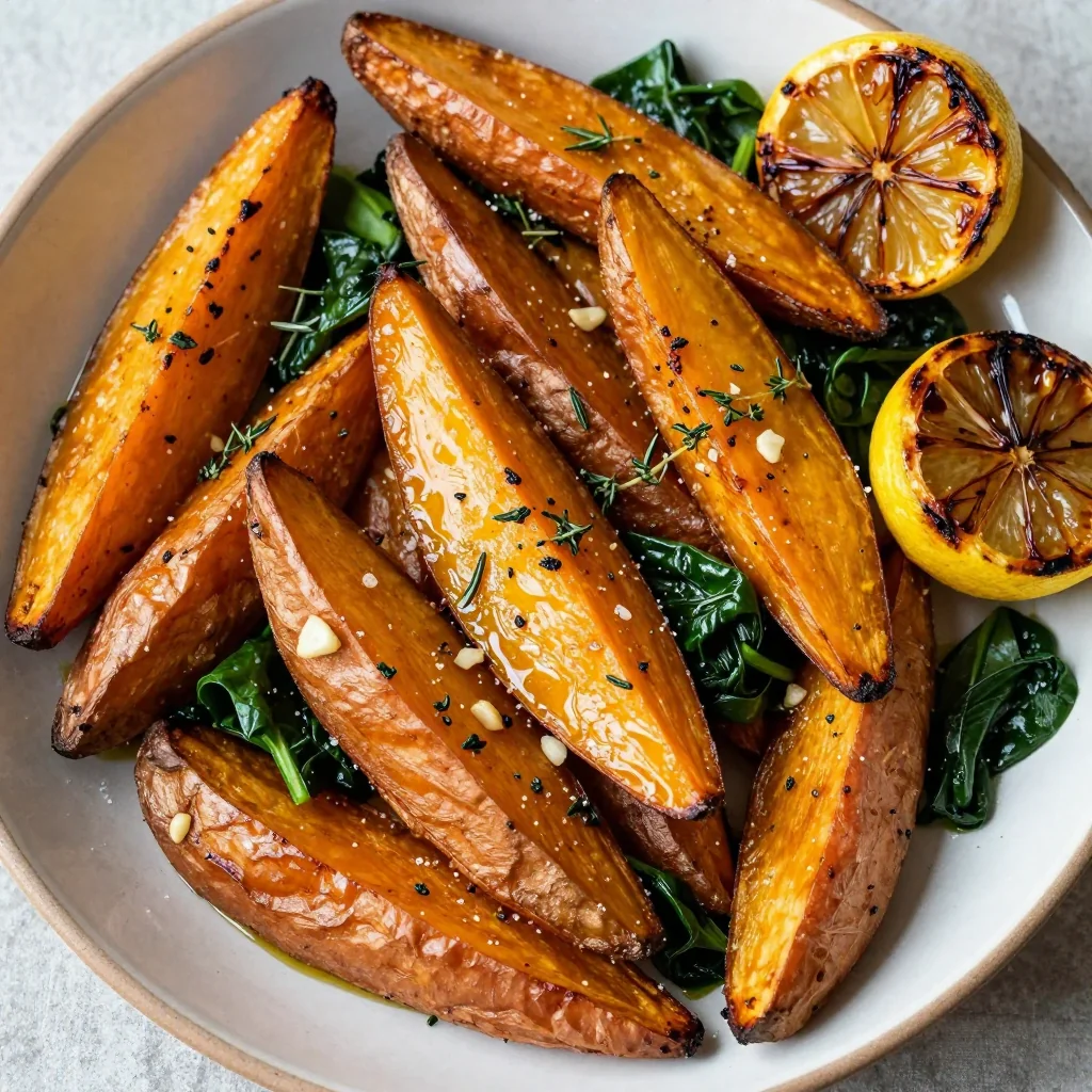 garlic and herb roasted sweet potatoes with spinach for family suppers