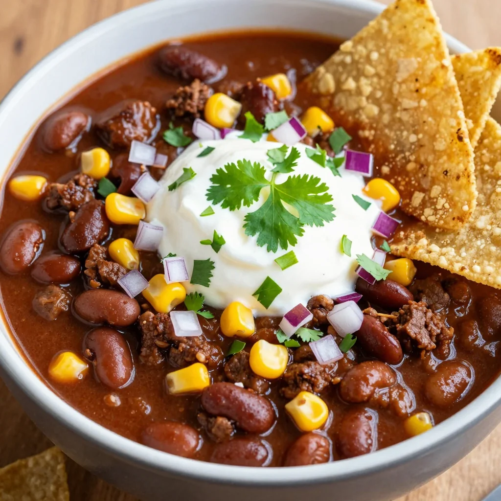 Easy Ground Beef Chili with Beans and Corn