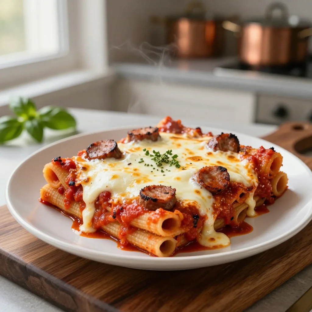 Baked Ziti with Italian Sausage and Mozzarella Cheese