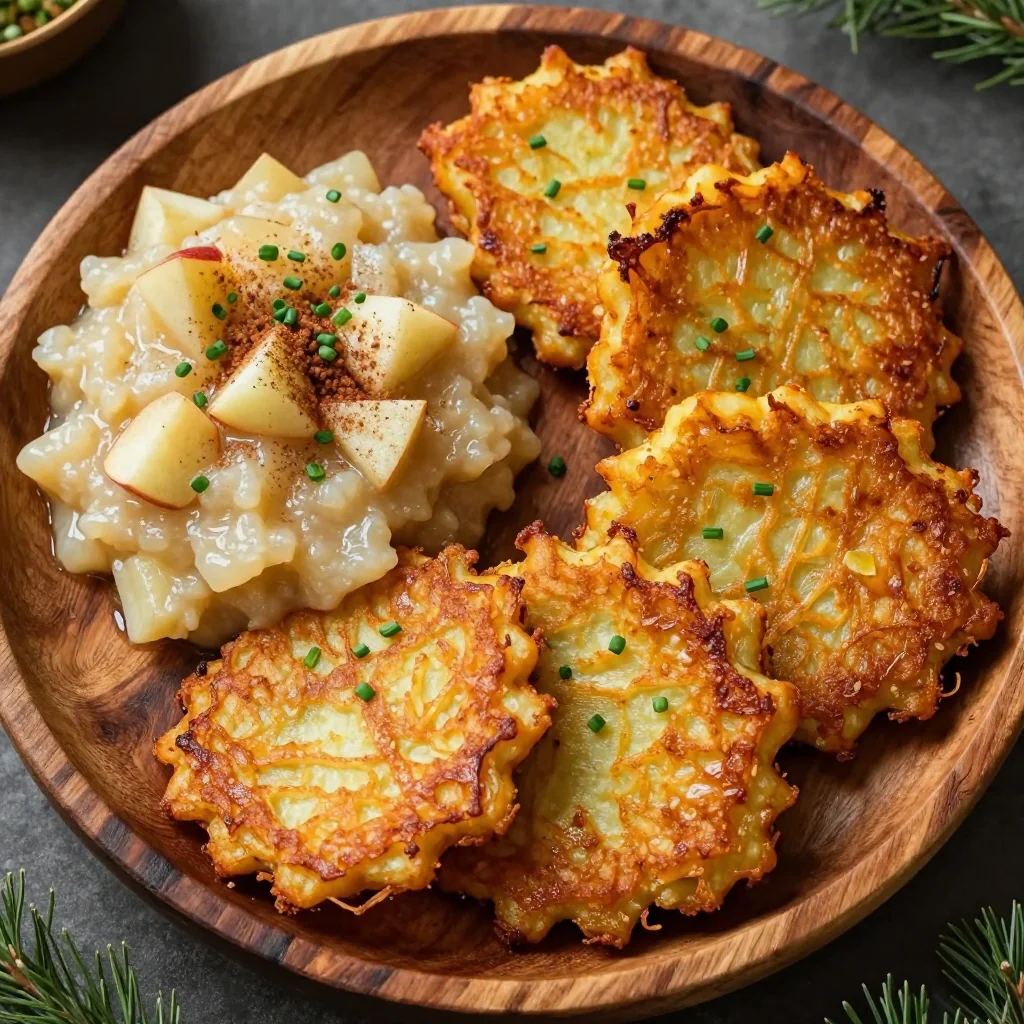 classic hanukkah potato latkes with applesauce for holiday celebrations