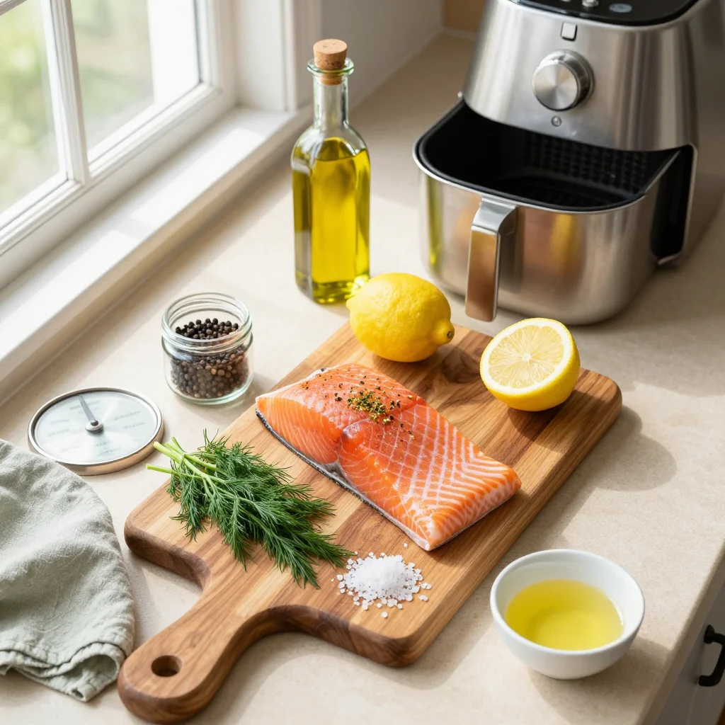 All ingredients for Air Fryer Salmon with Lemon Pepper neatly arranged on a countertop