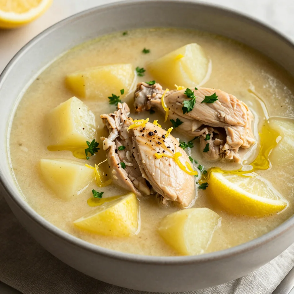 high protein lemon garlic chicken and potato soup for winter family dinners
