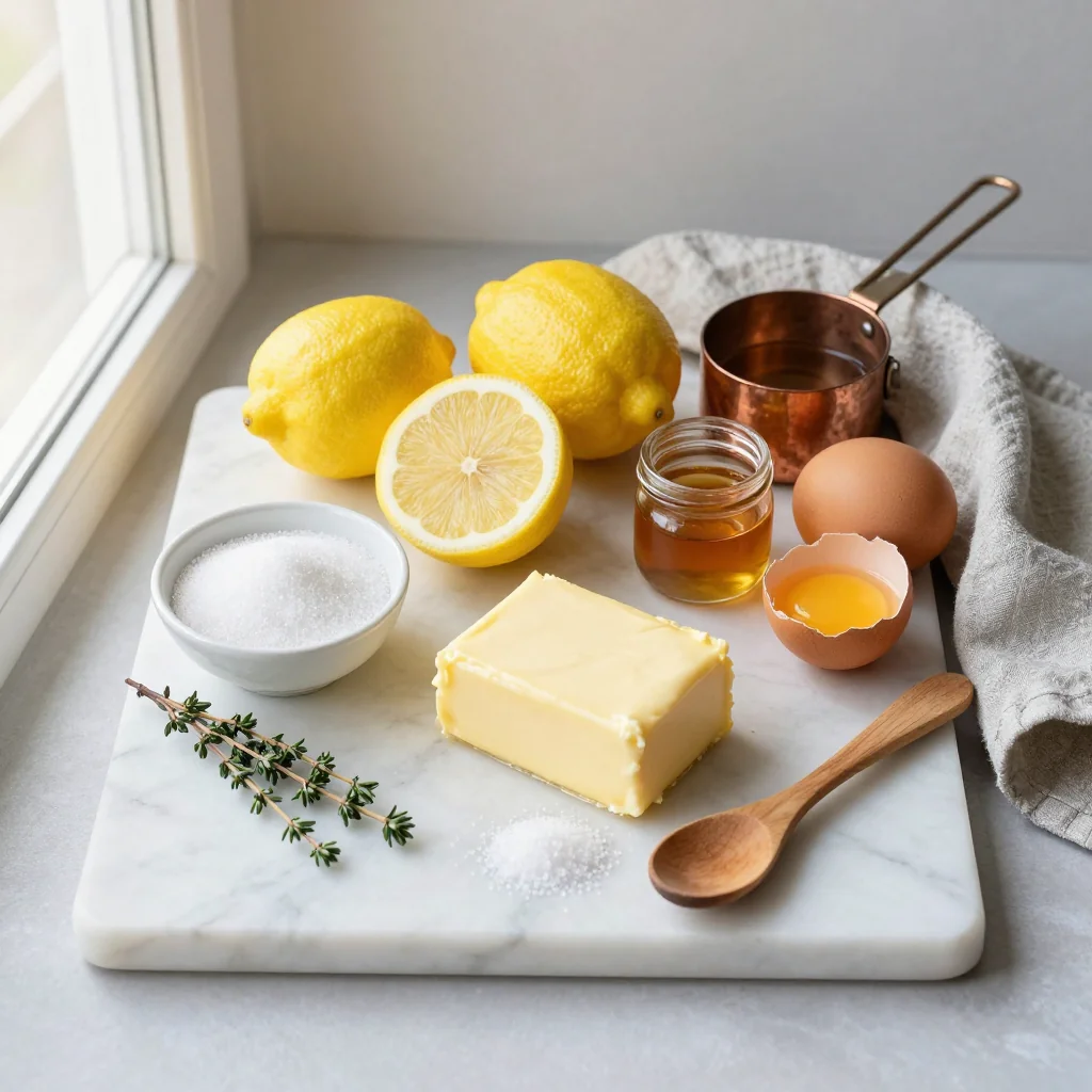 All ingredients for Chess Pie Lemon Custard neatly arranged on a wooden board