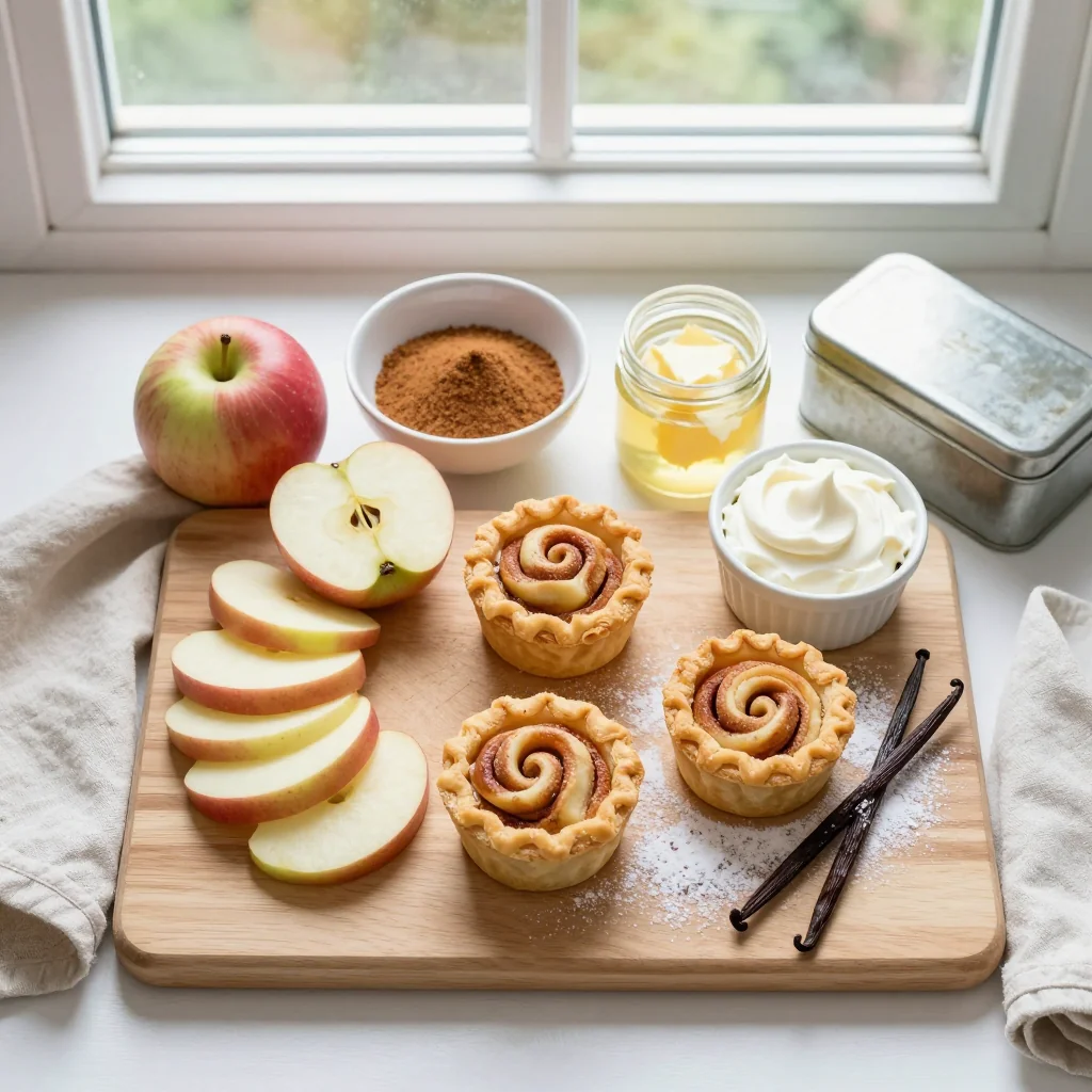All ingredients for Cinnamon Roll Apple Pie Cups laid out on a wooden board