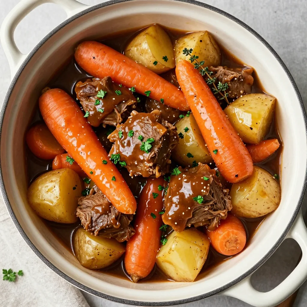 Tender Pot Roast with Carrots and Potatoes in Crockpot
