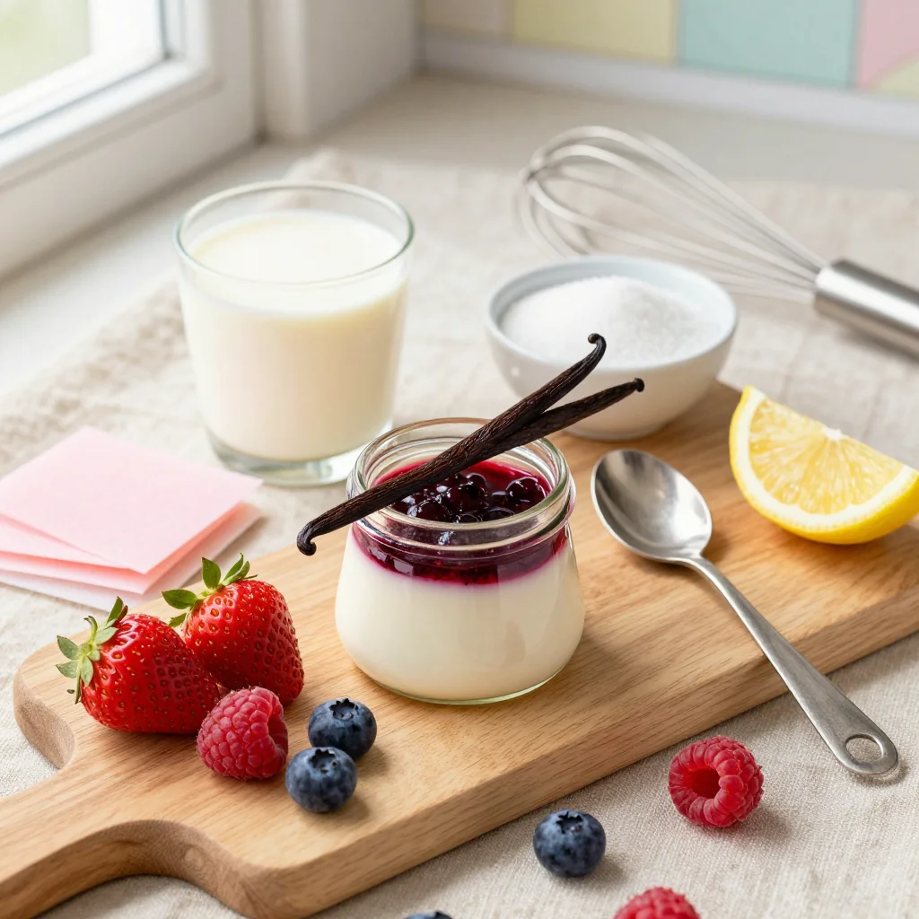 All ingredients for Vanilla Bean Panna Cotta with Berry Sauce