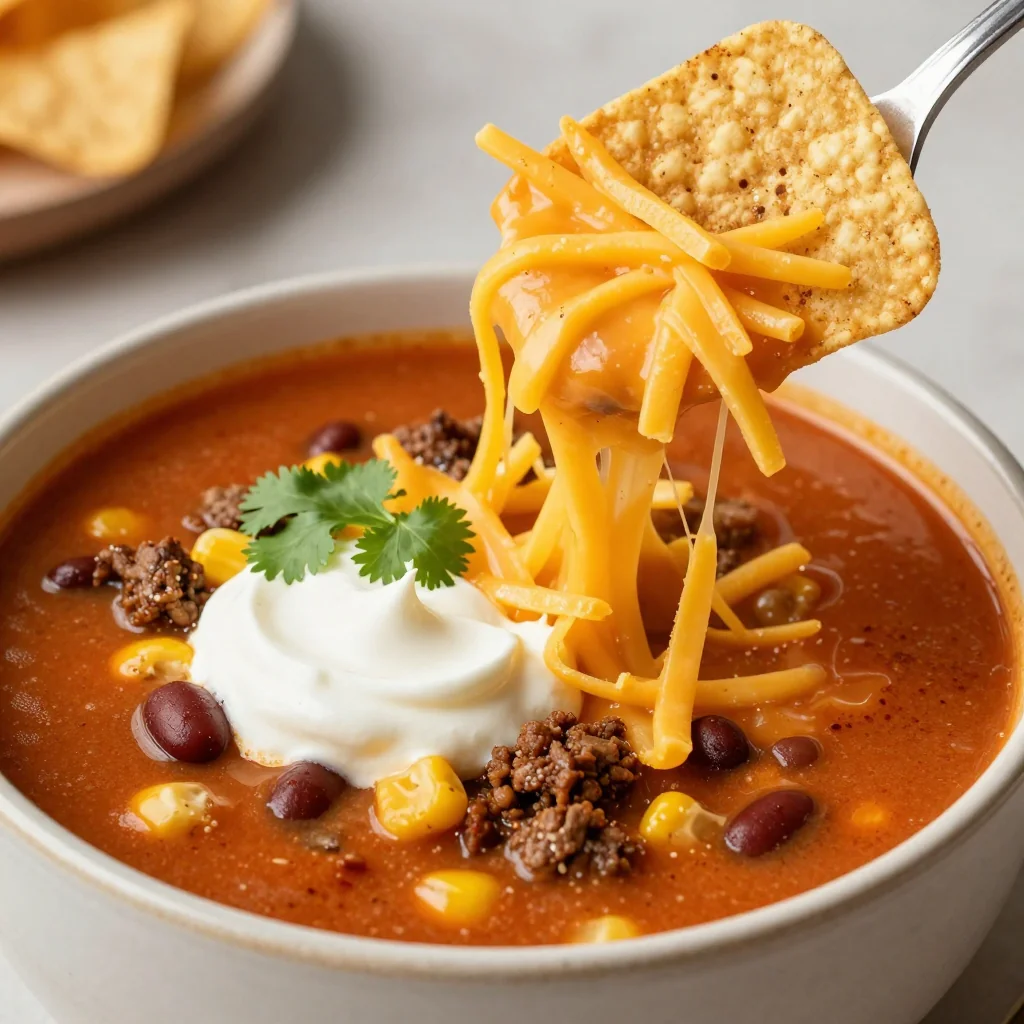 Cheesy Taco Soup with Crushed Tortilla Chips