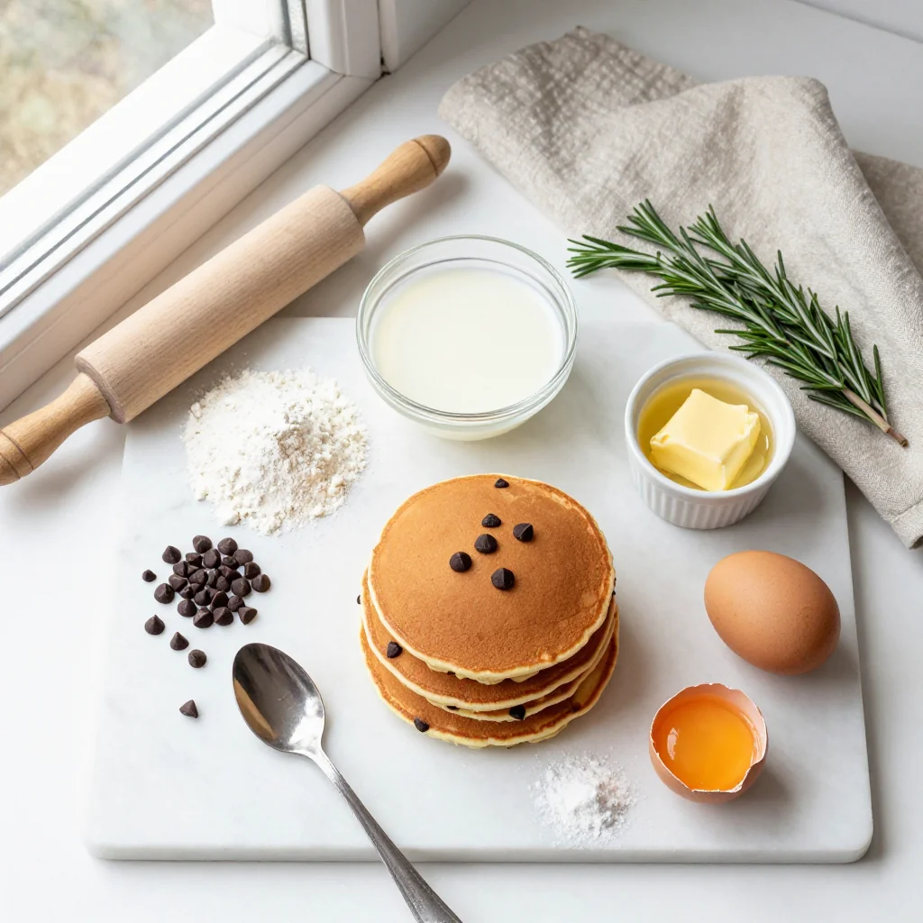 All ingredients for fluffy buttermilk chocolate chip pancakes arranged on a wooden board