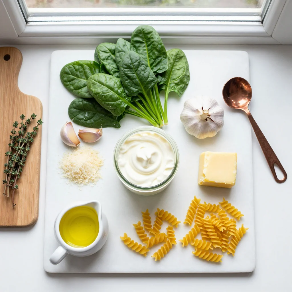 All ingredients for Spinach Pasta with Creamy Garlic Parmesan Sauce