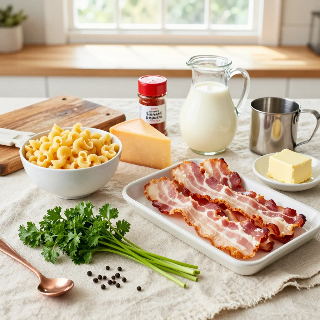 All ingredients for Creamy Mac and Cheese with Bacon