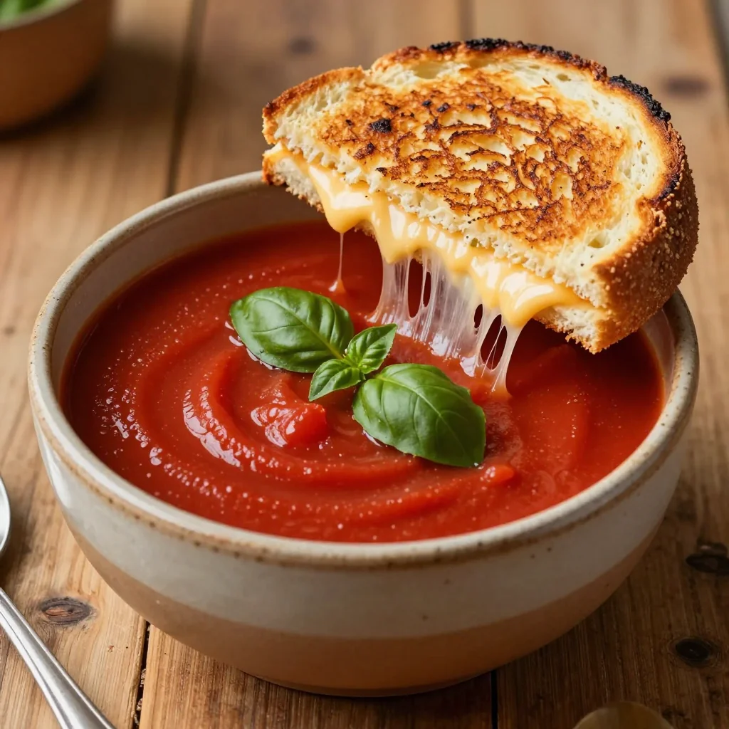 Winter Pantry Tomato Basil Soup with Grilled Cheese