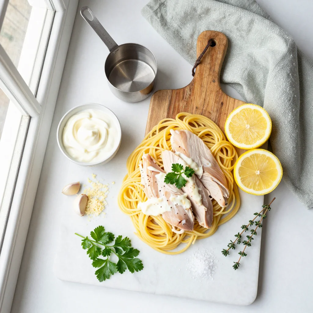 All ingredients for Chicken Pasta with Lemon Cream Sauce neatly arranged on a wooden board