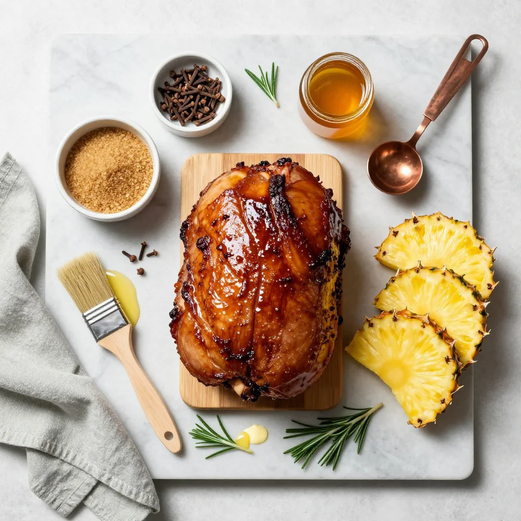 All ingredients for Brown Sugar Glazed Ham with Cloves and Pineapple