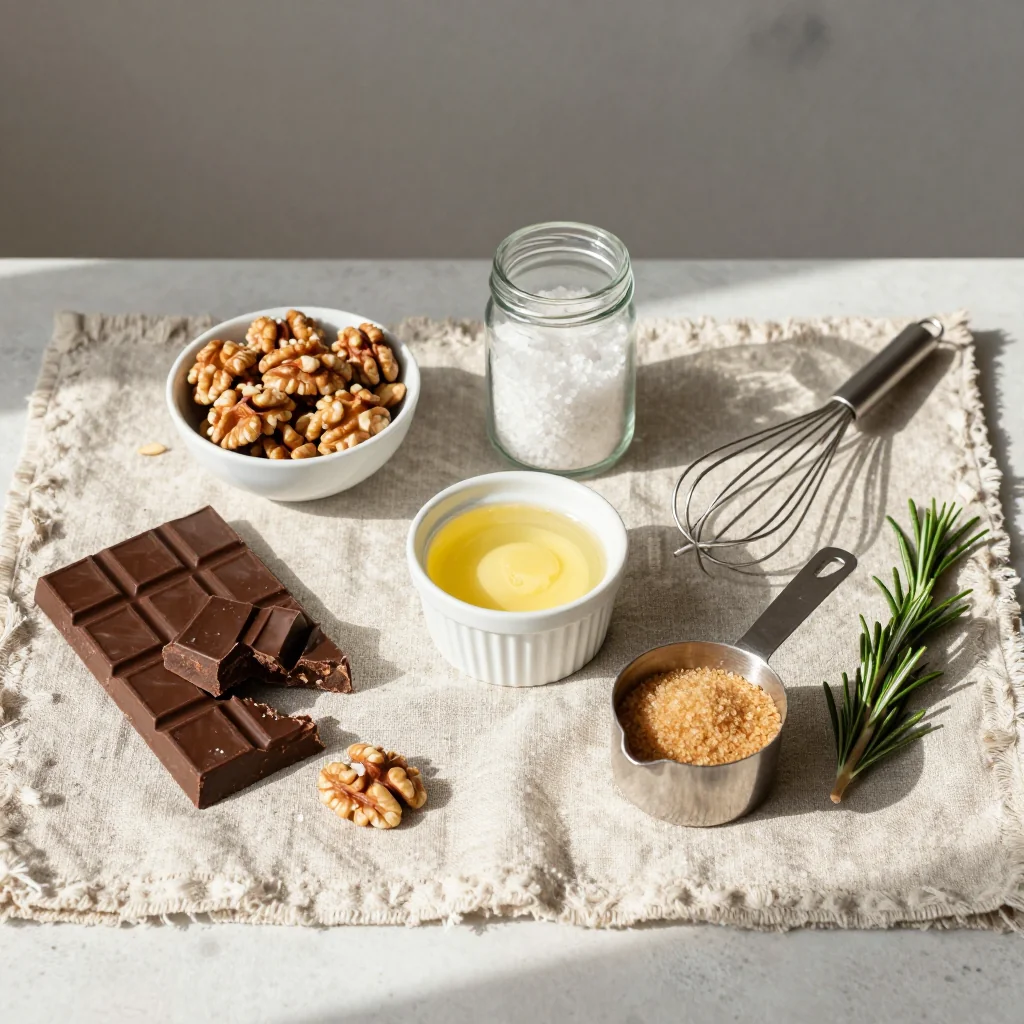 All ingredients for Chocolate Fudge with Walnuts and Sea Salt