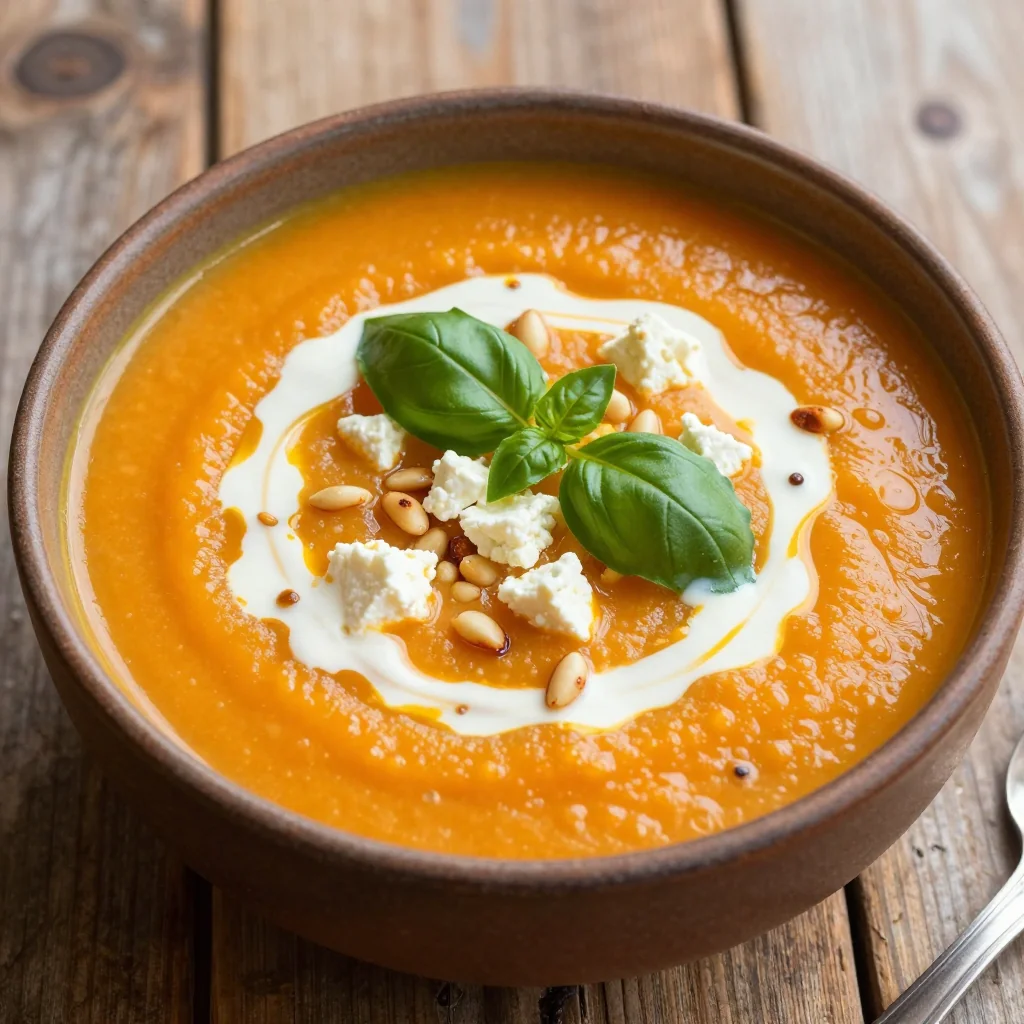 Creamy Roasted Red Pepper and Feta Soup with Basil