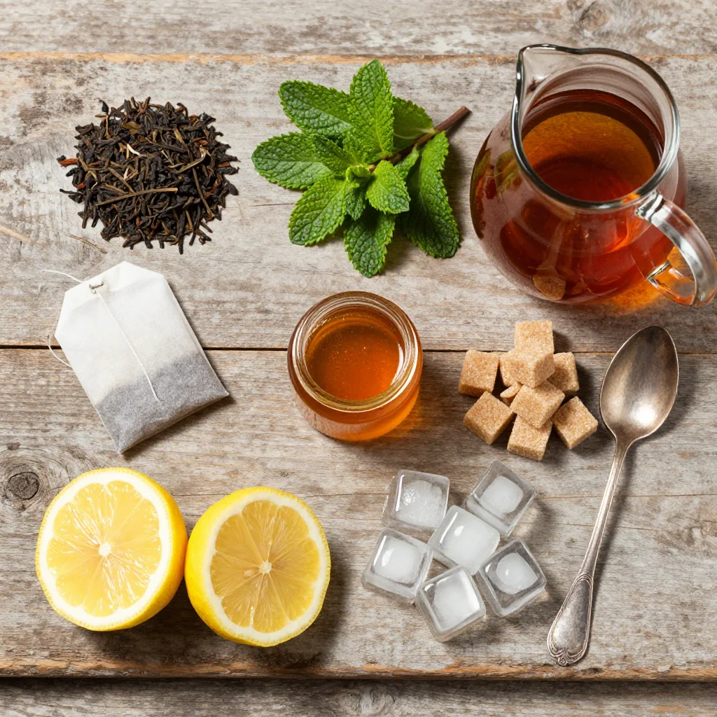 All ingredients for Arnold Palmer Tea Lemonade neatly arranged on a wooden board