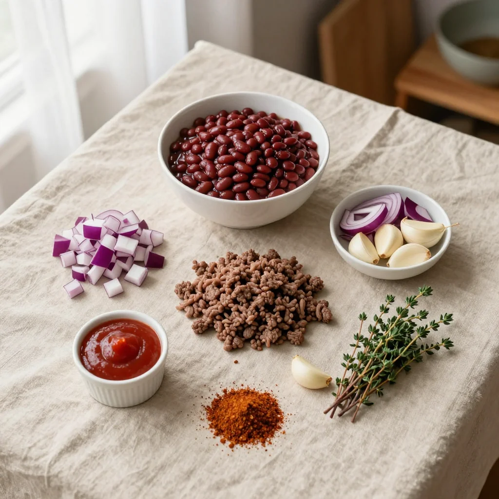 All ingredients for Baked Beans with Ground Beef laid out on a countertop