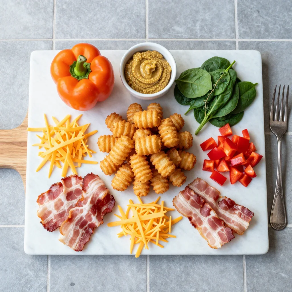 All ingredients for Tater Tot Breakfast Casserole with Bacon