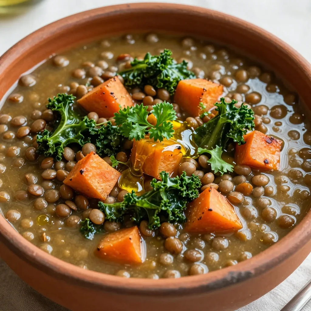 high protein lentil and kale stew with root vegetables for healthy meals
