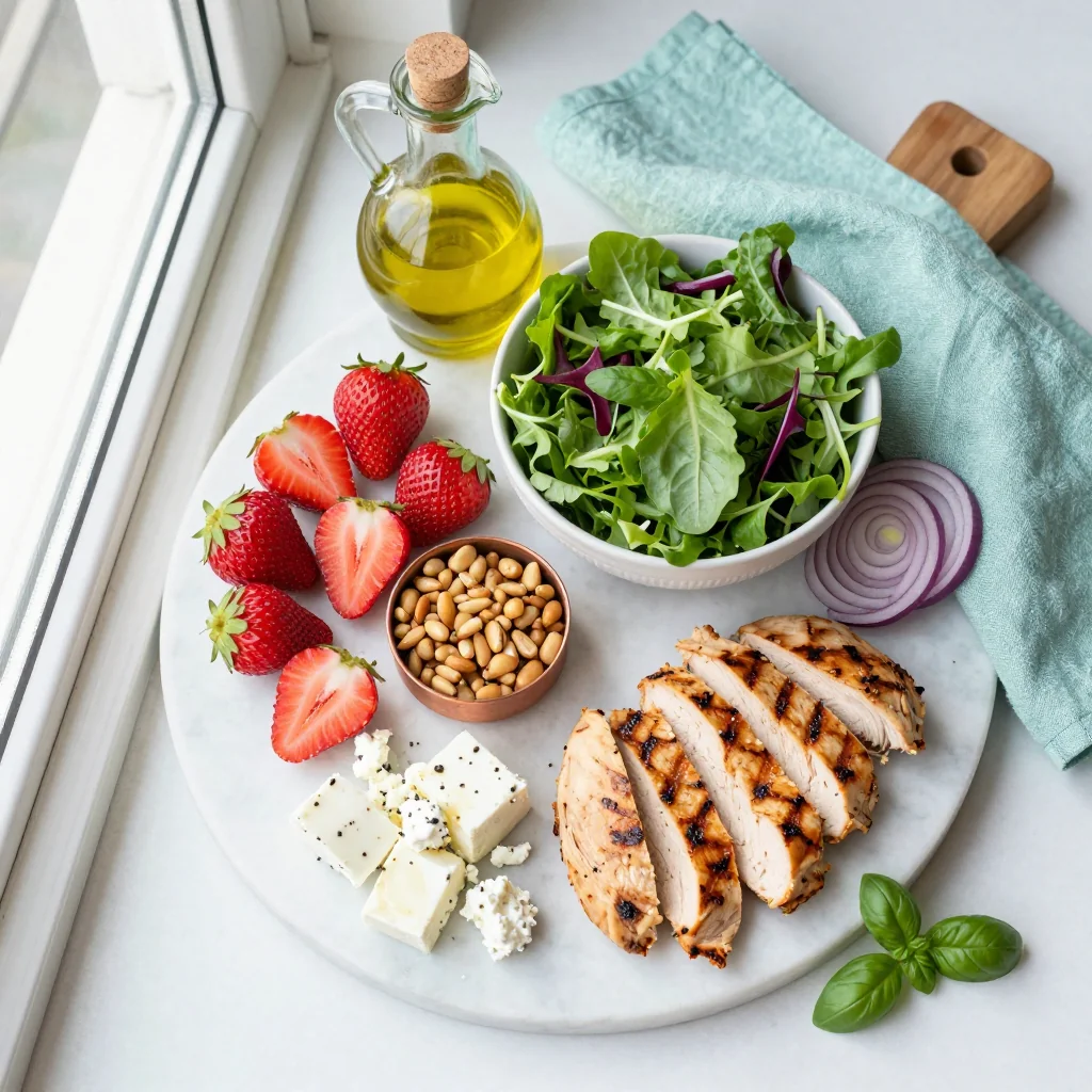 All ingredients for Strawberry Salad with Grilled Chicken and Feta