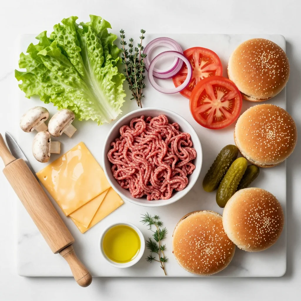 All ingredients for Beef Burgers with Swiss Cheese and Mushrooms