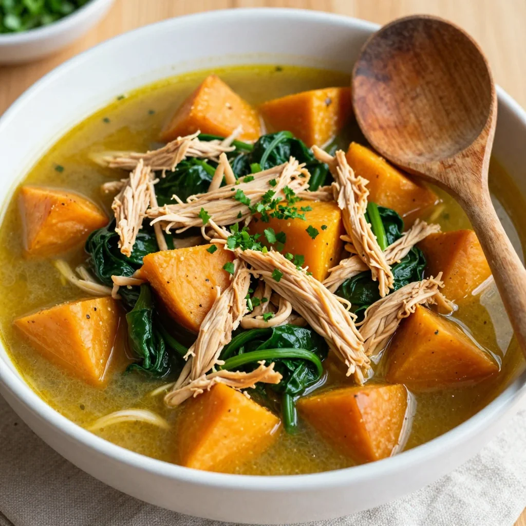 healthy chicken and sweet potato stew with spinach for weeknight family dinners