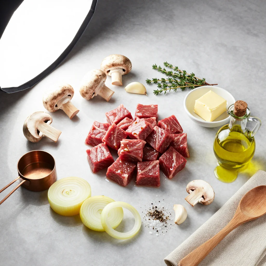 All ingredients for Garlic Butter Steak Bites with Mushrooms and Onions