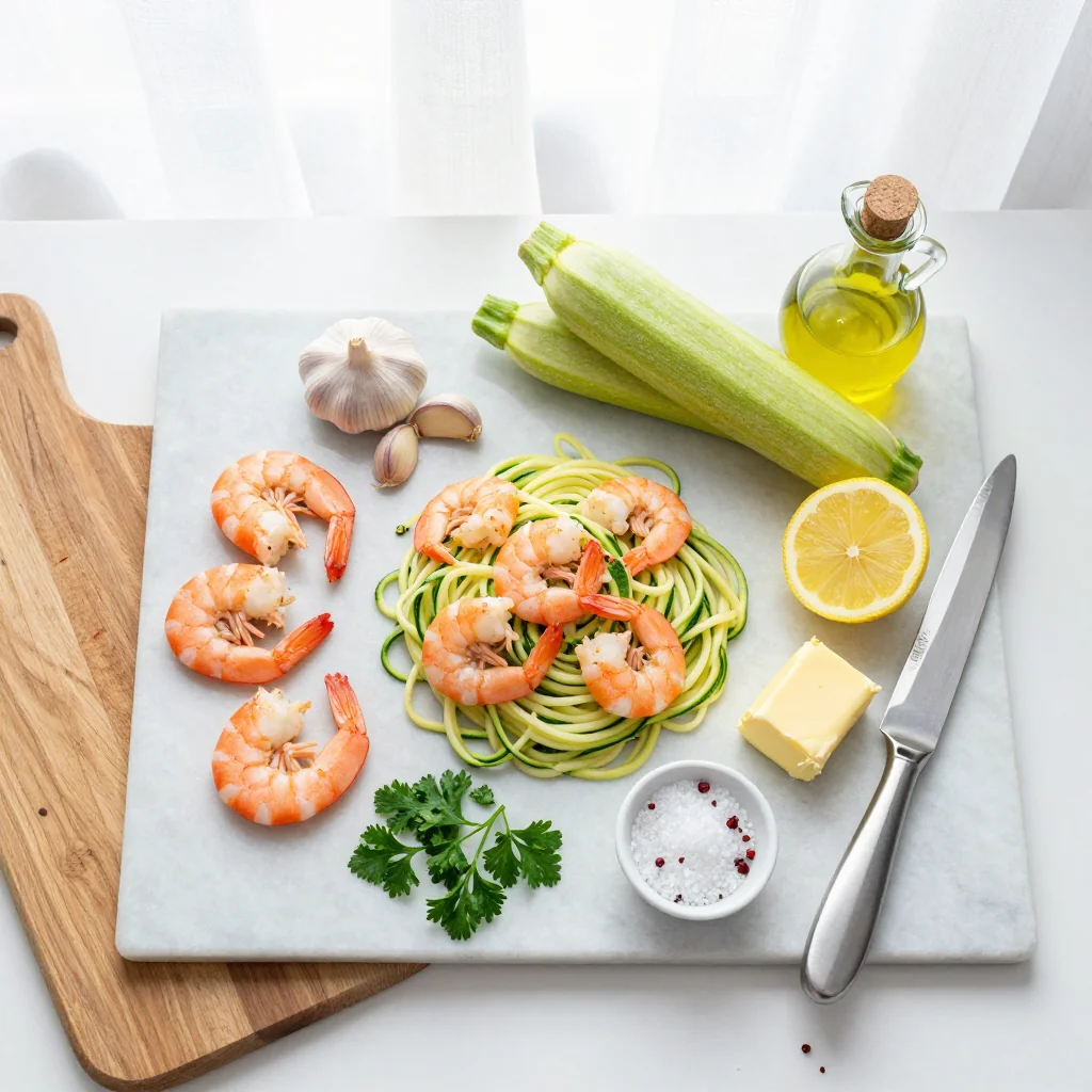 All ingredients laid out for Garlic Butter Shrimp Scampi with Zucchini Noodles