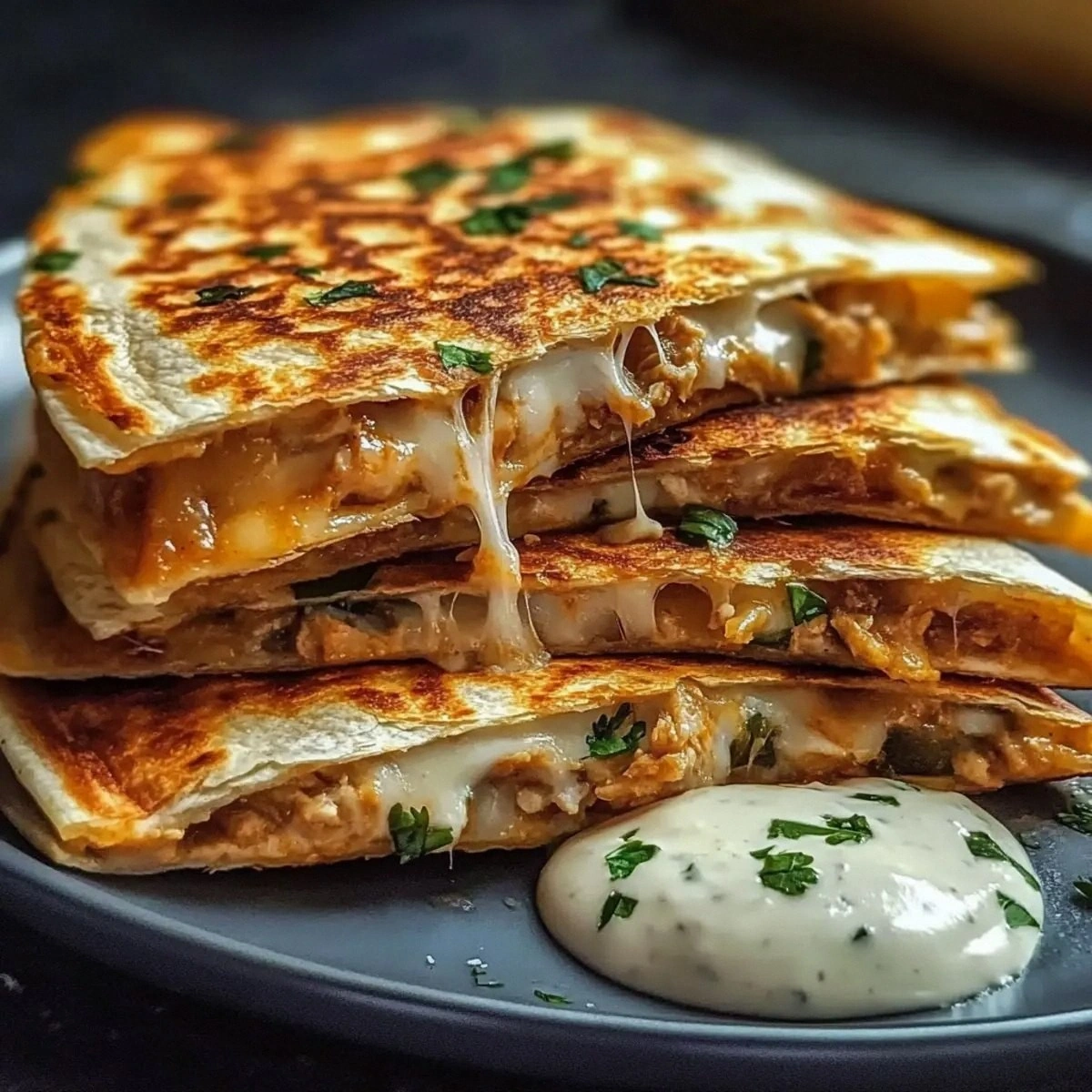 Cheesy Hot Honey Chicken Quesadillas with Jalapeño Cream Magic