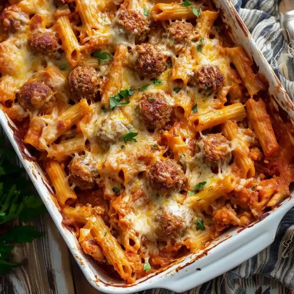 Cheesy Meatball Pasta Bake