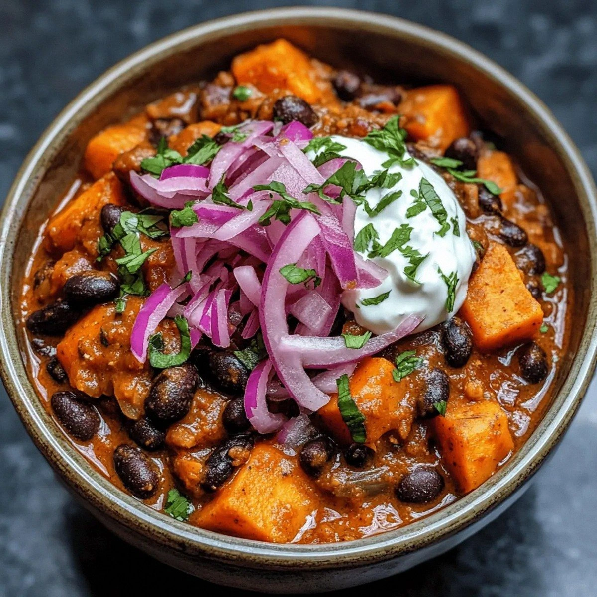 Chipotle Black Bean and Sweet Potato Chili with Creamy Yogurt