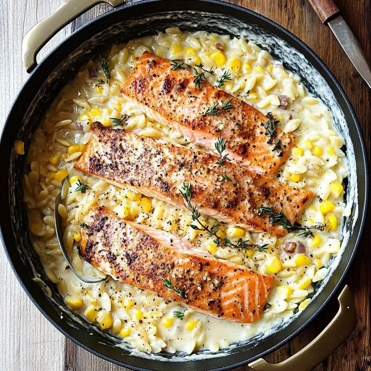 Creamed Corn Orzo with Salmon for a Cozy Dinner Delight