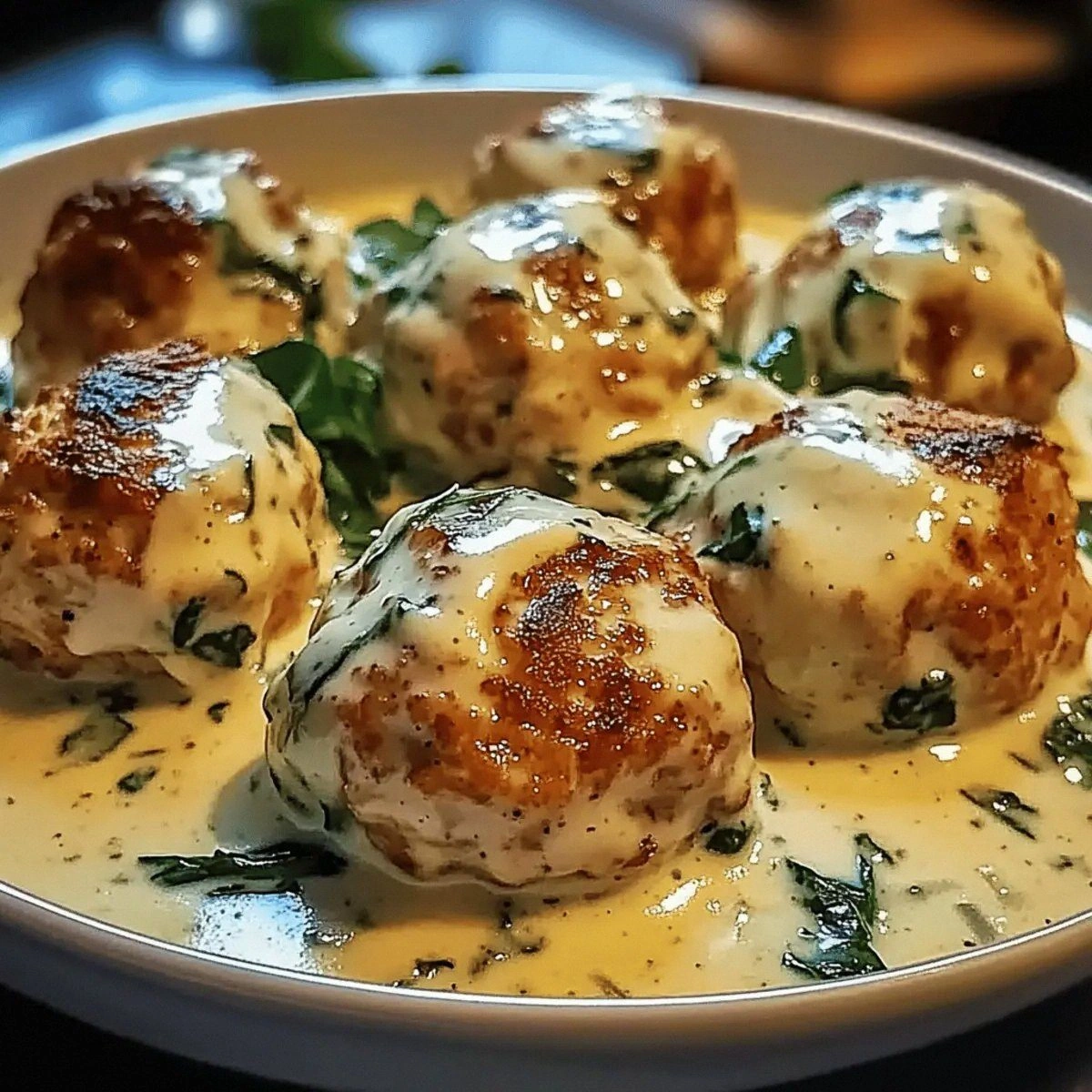 Creamy Chicken Ricotta Meatballs with Spinach Alfredo Sauce