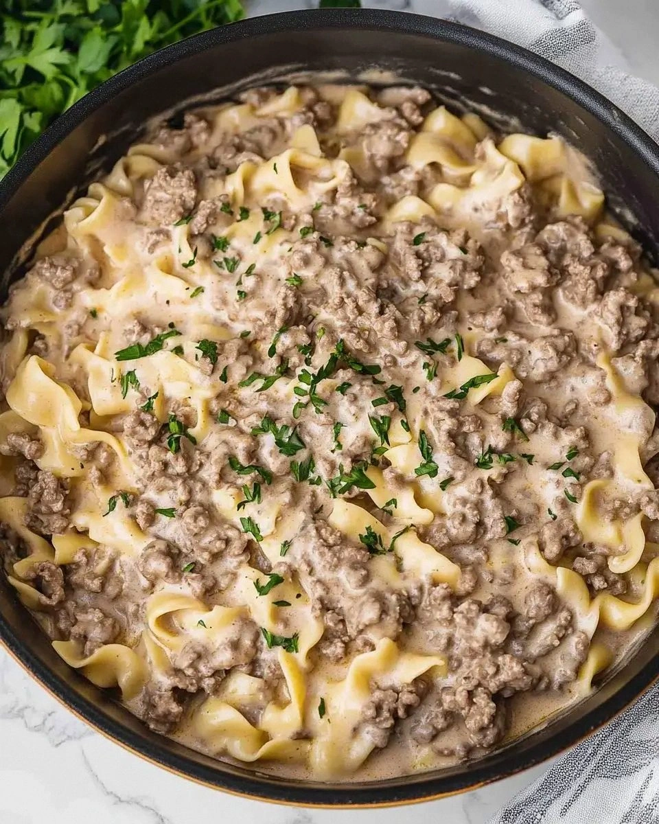 Creamy Ground Beef Stroganoff is a comforting dish.