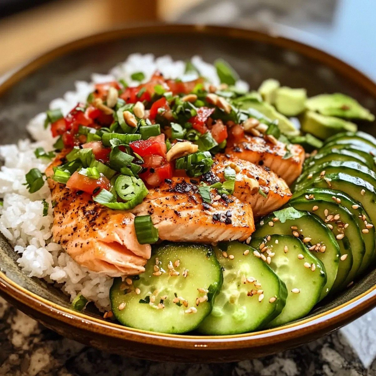 Crispy Rice Salmon Cucumber Salad with Creamy Asian Dressing Delight