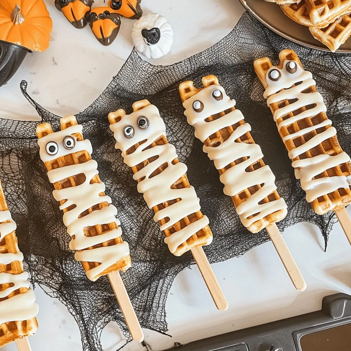 Crispy Spooky Waffle Mummy Sticks for Halloween Fun