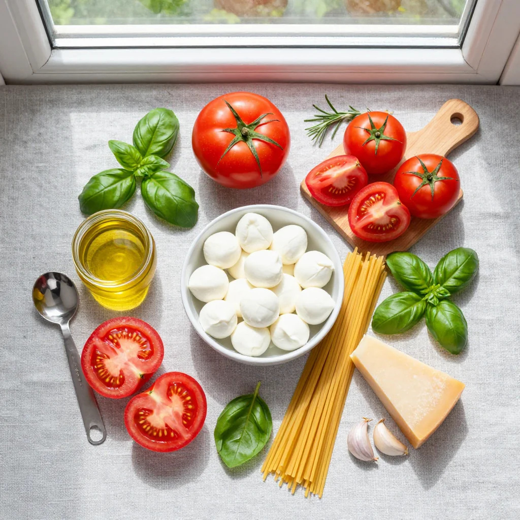 All ingredients for Tomato Basil Pasta with Fresh Mozzarella Balls